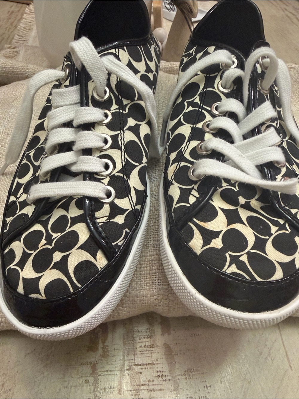 Coach Women Black & Cream Signature Pattern Sneakers